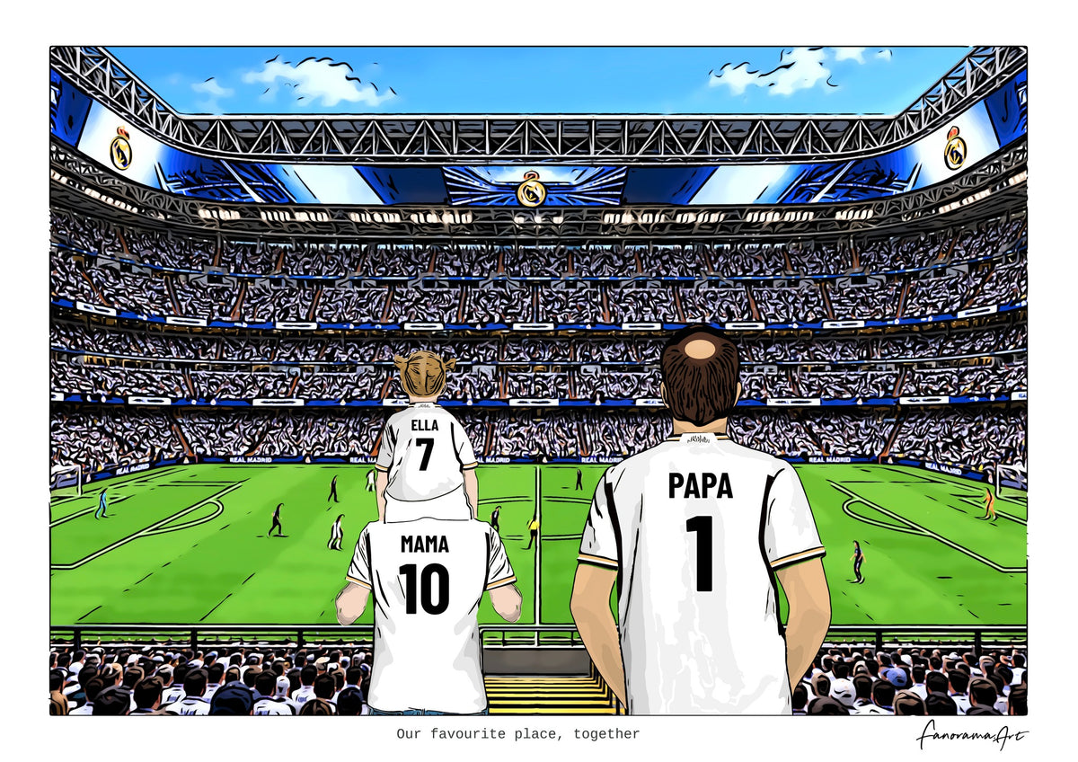 Personalised Real Madrid digital artwork with MAMA, PAPA, in game at Santiago Bernabéu Stadium.