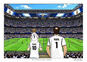 Personalised Real Madrid digital artwork with MAMA, PAPA, in game at Santiago Bernabéu Stadium.