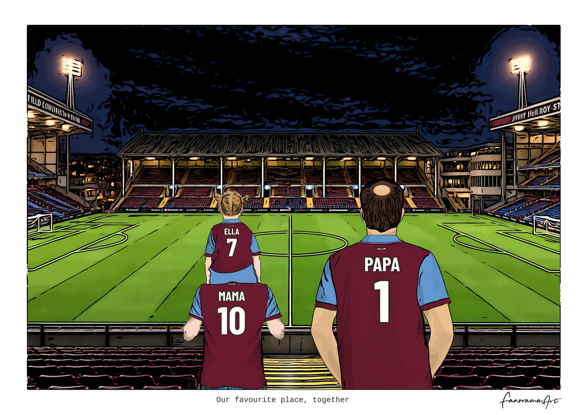 Personalised Burnley digital artwork with MAMA, PAPA, pitch side at night at Turf Moor.