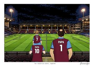 Personalised Burnley digital artwork with MAMA, PAPA, pitch side at night at Turf Moor.