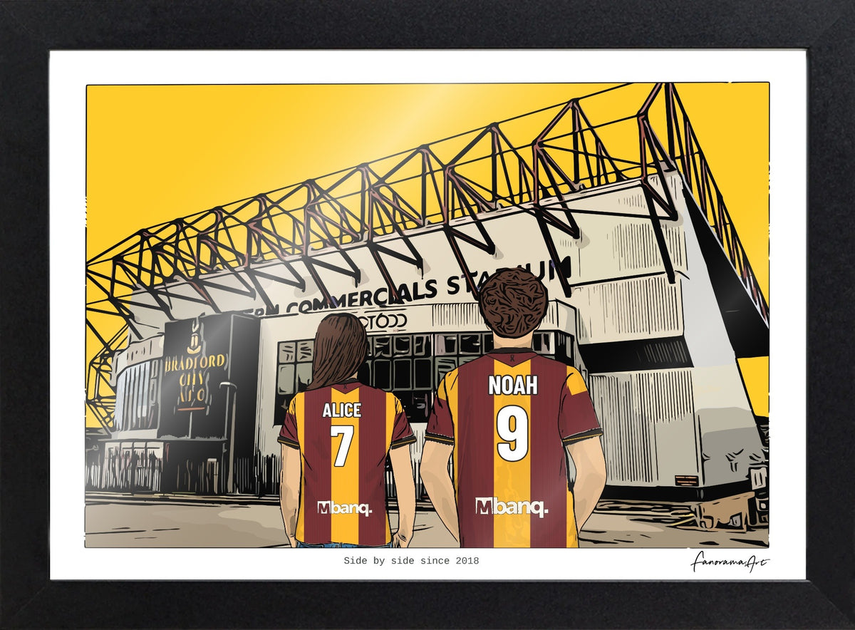 Personalised Bradford City print with ALICE, NOAH, Print & Frame at Valley Parade.