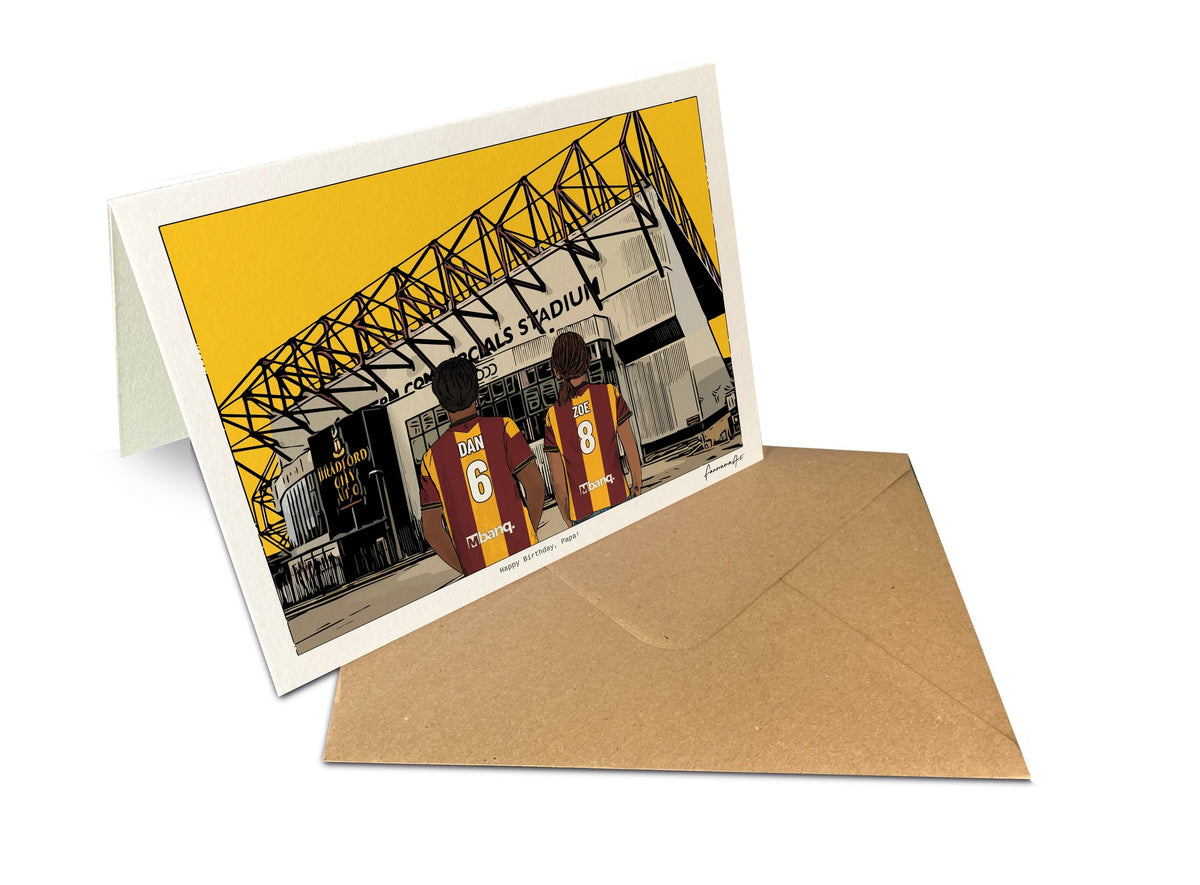 Personalised Bradford City greeting card with DAN, ZOE, 7x5" Greeting Card at Valley Parade.