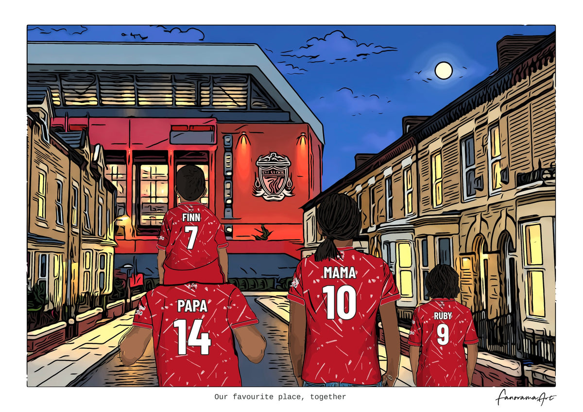 Personalised Liverpool digital artwork with PAPA, MAMA, RUBY, stadium at night at Anfield.