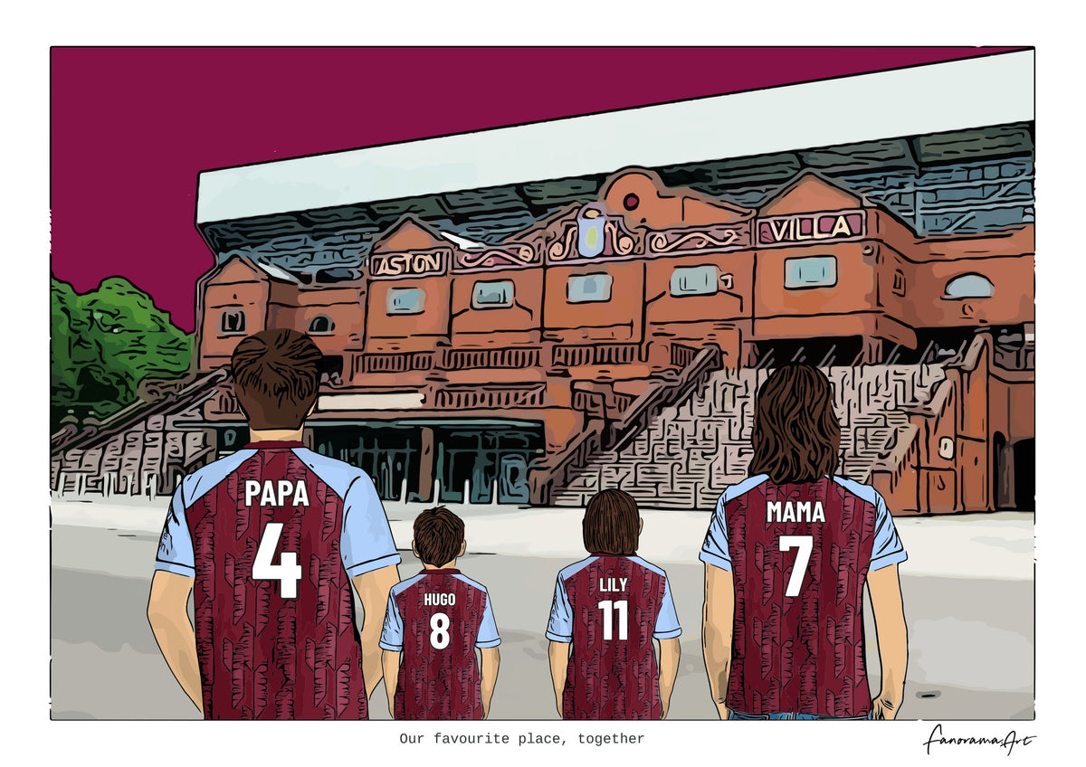 Personalised Aston Villa digital artwork with PAPA, HUGO, LILY, MAMA, aston villa villa park at Villa Park.