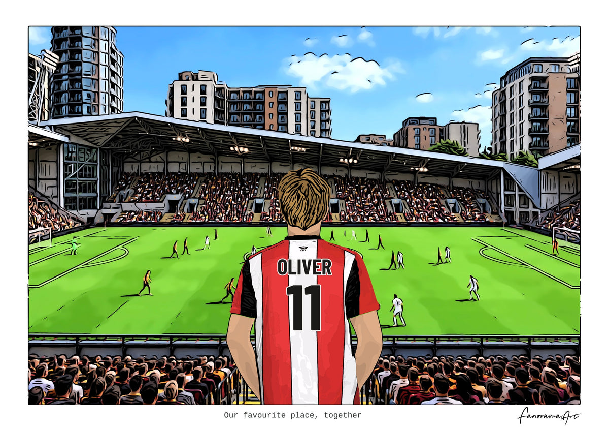 Personalised Brentford digital artwork with OLIVER, in game at Gtech Community Stadium.