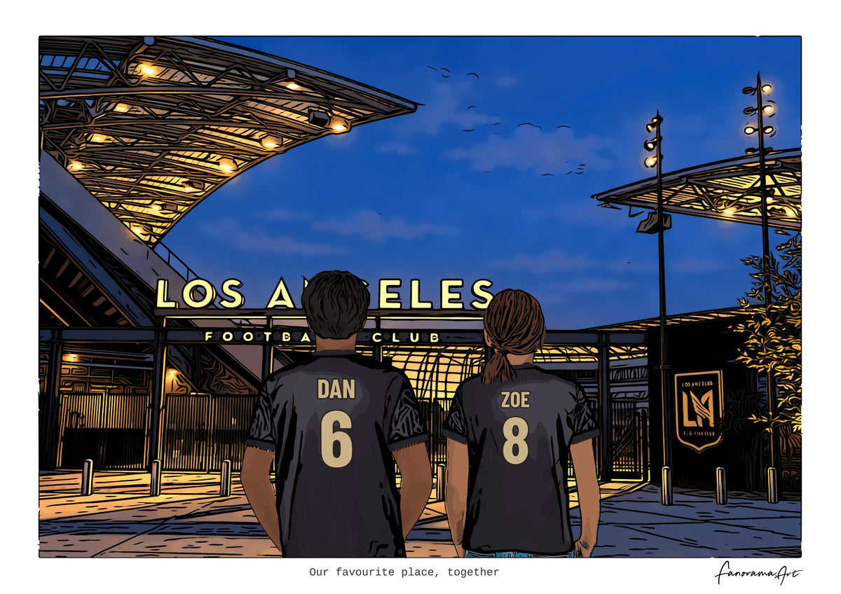 Personalised Los Angeles digital artwork with DAN, ZOE, stadium at night at BMO Stadium.