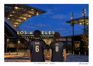 Personalised Los Angeles digital artwork with DAN, ZOE, stadium at night at BMO Stadium.