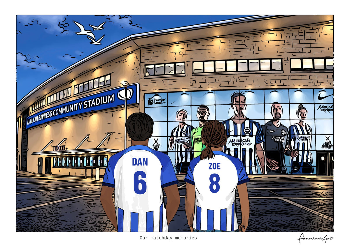 Personalised Brighton & Hove Albion digital artwork with DAN, ZOE, stadium at night at American Express Stadium.