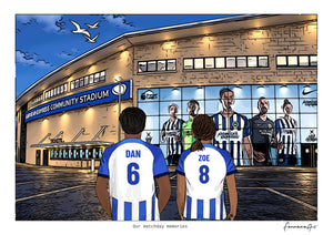 Personalised Brighton & Hove Albion digital artwork with DAN, ZOE, stadium at night at American Express Stadium.