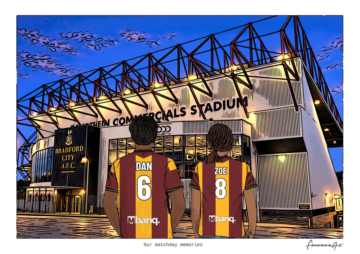 Personalised Bradford City digital artwork with DAN, ZOE, stadium at night at Valley Parade.
