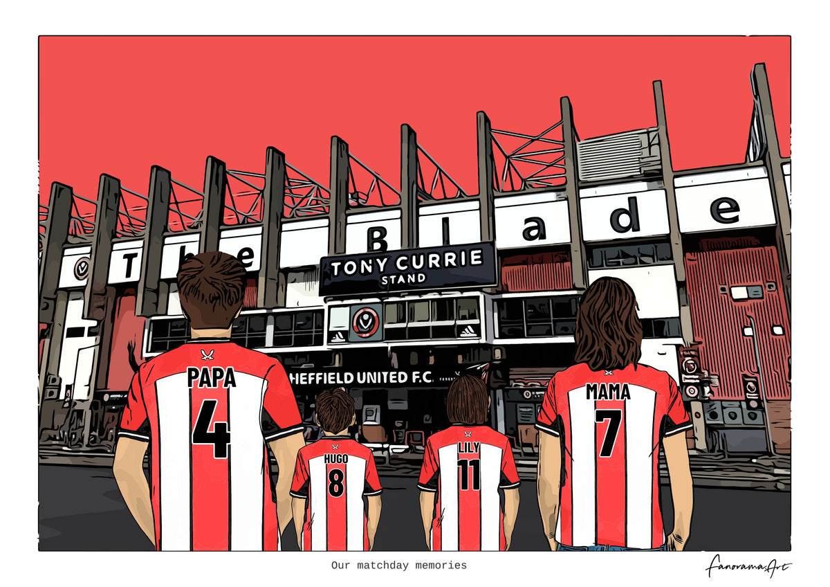 Personalised Sheffield United digital artwork with PAPA, HUGO, LILY, MAMA, sheffield united bramall lane at Bramall Lane.