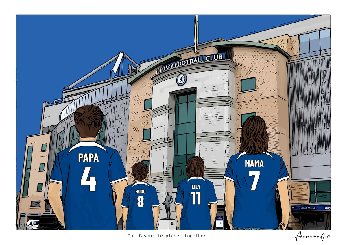 Personalised Chelsea digital artwork with PAPA, HUGO, LILY, MAMA, chelsea stamford bridge at Stamford Bridge.