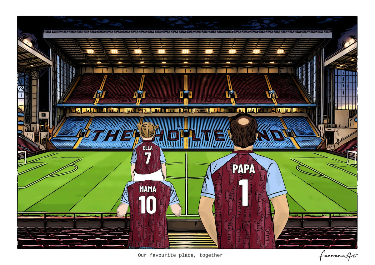 Personalised Aston Villa digital artwork with MAMA, PAPA, pitch side at night at Villa Park.