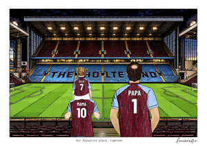 Personalised Aston Villa digital artwork with MAMA, PAPA, pitch side at night at Villa Park.
