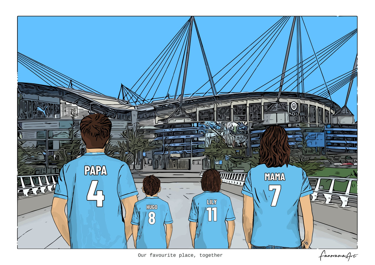 Personalised Manchester City digital artwork with PAPA, HUGO, LILY, MAMA, manchester city etihad stadium at Etihad Stadium.