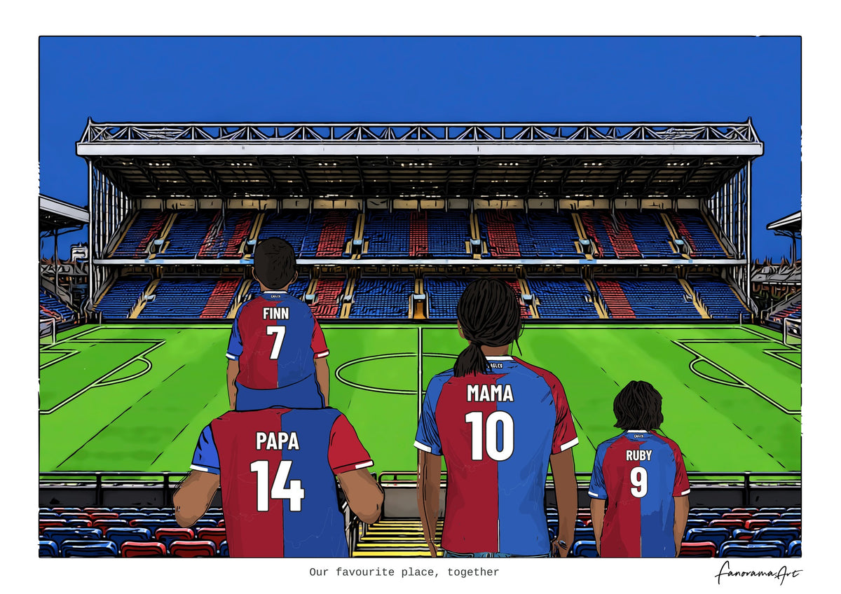 Personalised Crystal Palace digital artwork with PAPA, MAMA, RUBY, pitch side at Selhurst Park.