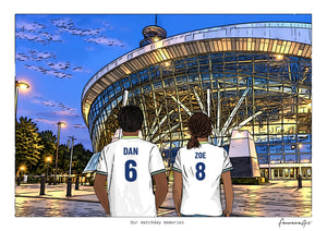 Personalised Tottenham Hotspur digital artwork with DAN, ZOE, stadium at night at Tottenham Hotspur Stadium.