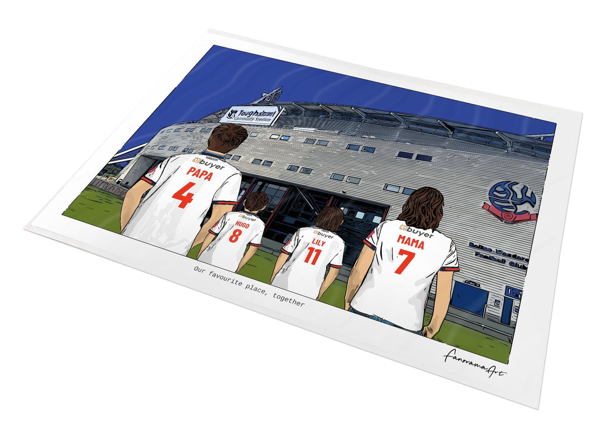 Personalised Bolton Wanderers print with PAPA, HUGO, LILY, MAMA, Print at Toughsheet Community Stadium.