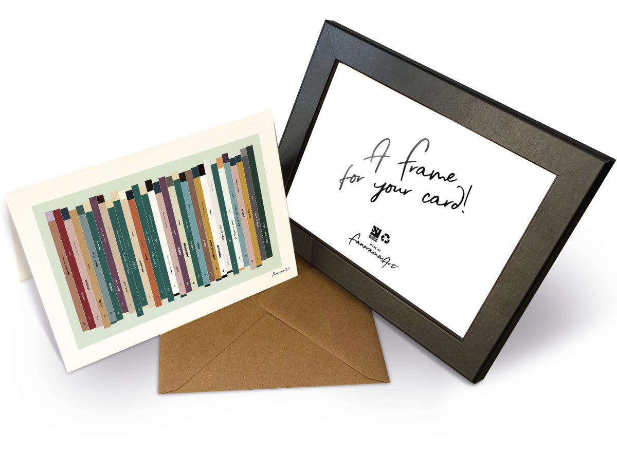 Personalised 30th birthday music card, born in 1996, shown as 7x5" greeting card & frame with 30 colourful song spines and a birthday message.