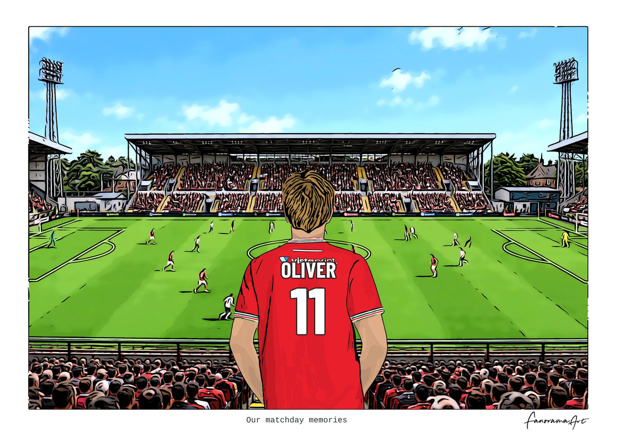 Personalised Wrexham digital artwork with OLIVER, in game at Racecourse Ground.