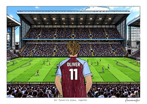 Personalised Aston Villa digital artwork with OLIVER, in game at Villa Park.