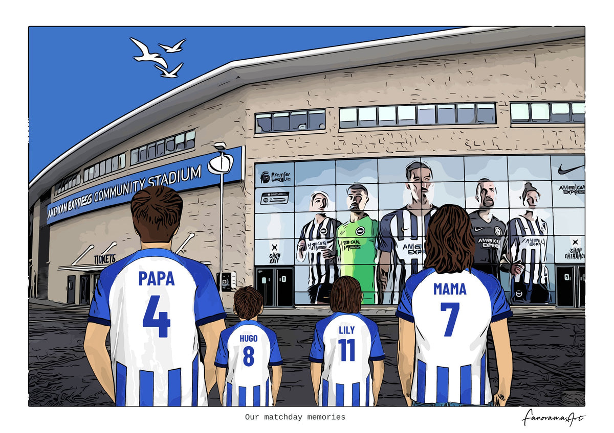 Personalised Brighton & Hove Albion digital artwork with PAPA, HUGO, LILY, MAMA, brighton and hove albion american express stadium at American Express Stadium.