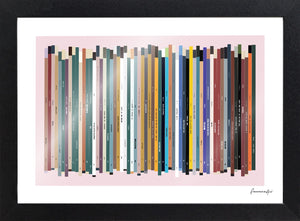 Personalised 60th birthday number one music print, born in 1966, shown as print & frame with 60 colourful song spines and a birthday message.