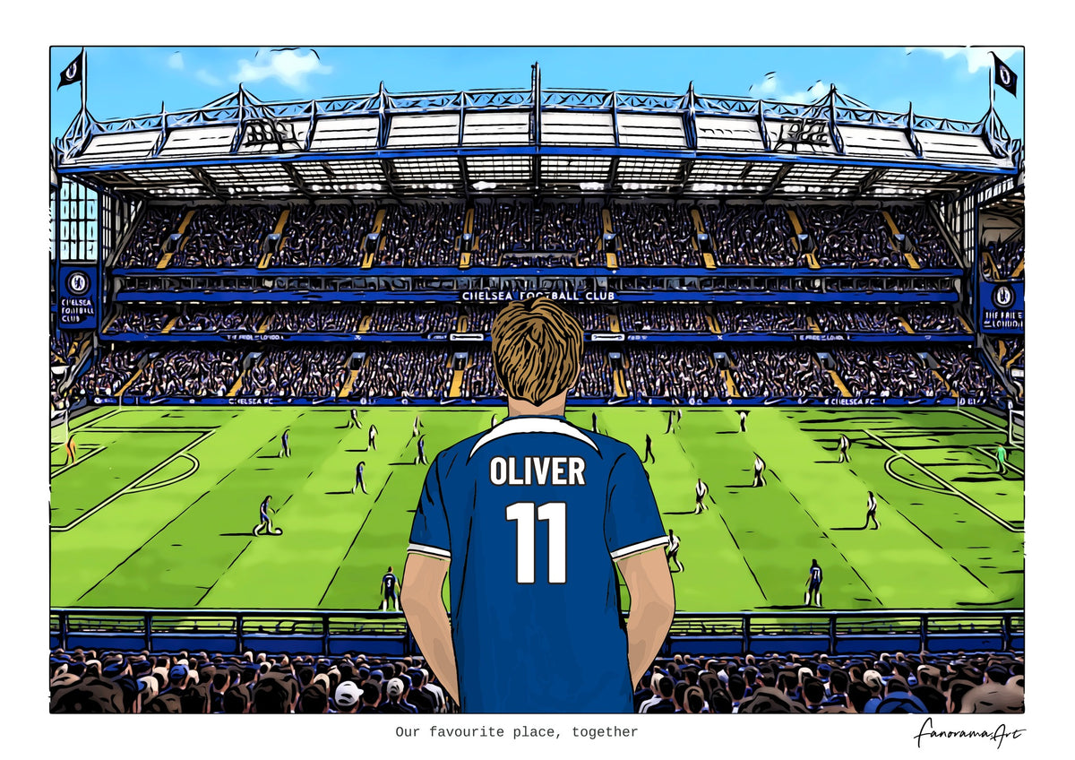 Personalised Chelsea digital artwork with OLIVER, in game at Stamford Bridge.