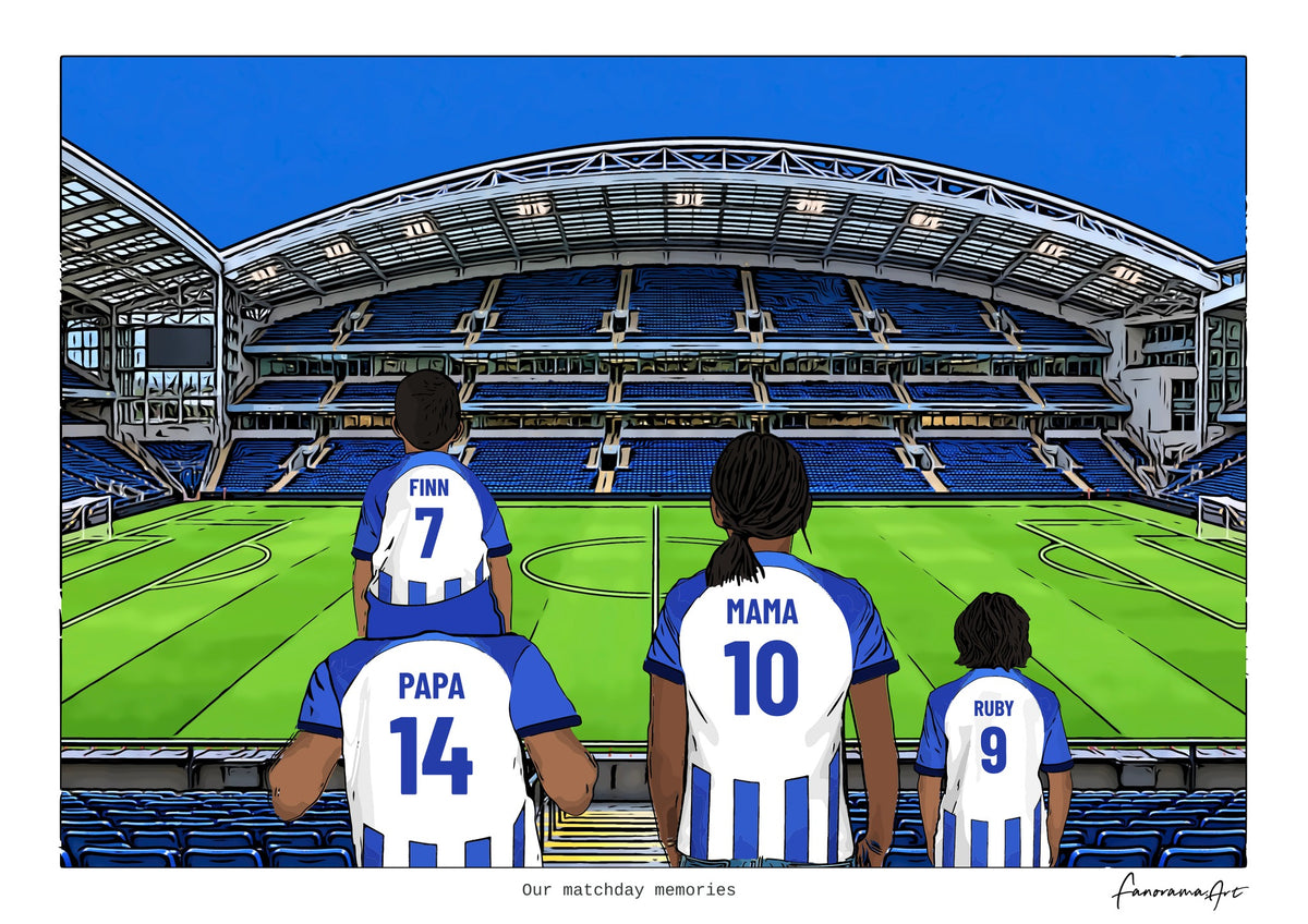 Personalised Brighton & Hove Albion digital artwork with PAPA, MAMA, RUBY, pitch side at American Express Stadium.