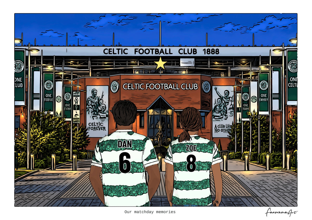 Personalised Celtic digital artwork with DAN, ZOE, stadium at night at Celtic Park.