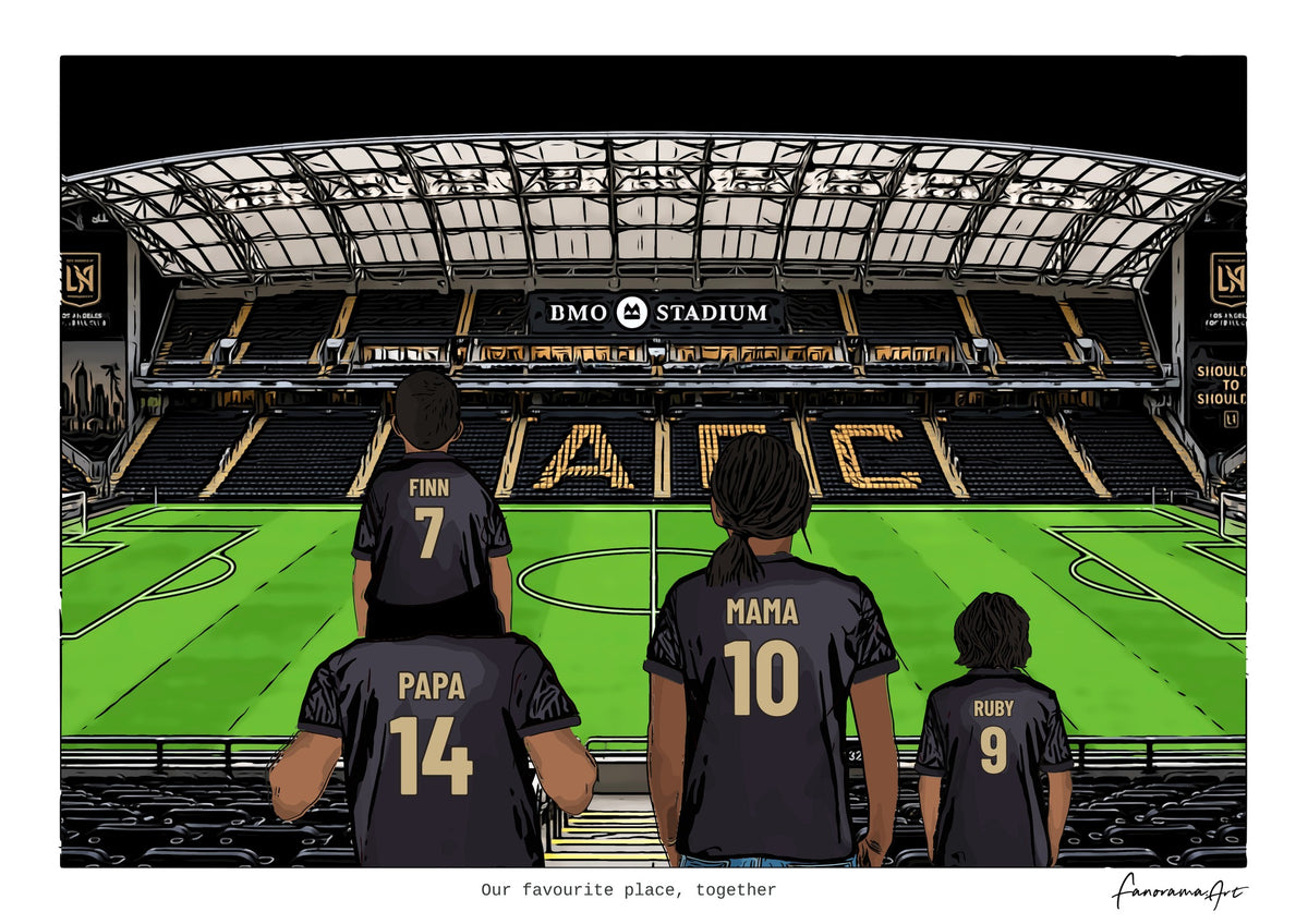 Personalised Los Angeles digital artwork with PAPA, MAMA, RUBY, pitch side at BMO Stadium.