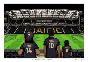 Personalised Los Angeles digital artwork with PAPA, MAMA, RUBY, pitch side at BMO Stadium.