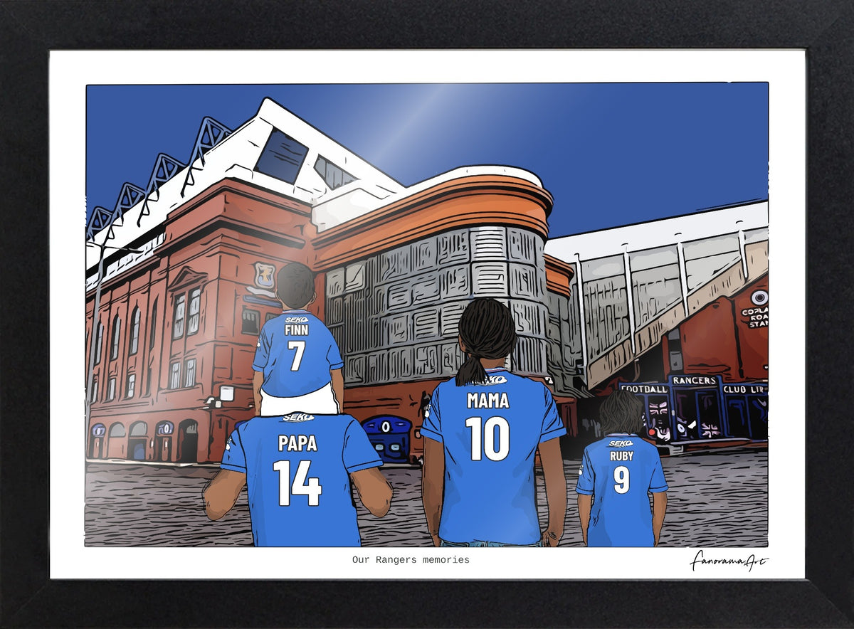 Personalised Rangers print with PAPA, MAMA, RUBY, Print & Frame at Ibrox Stadium.