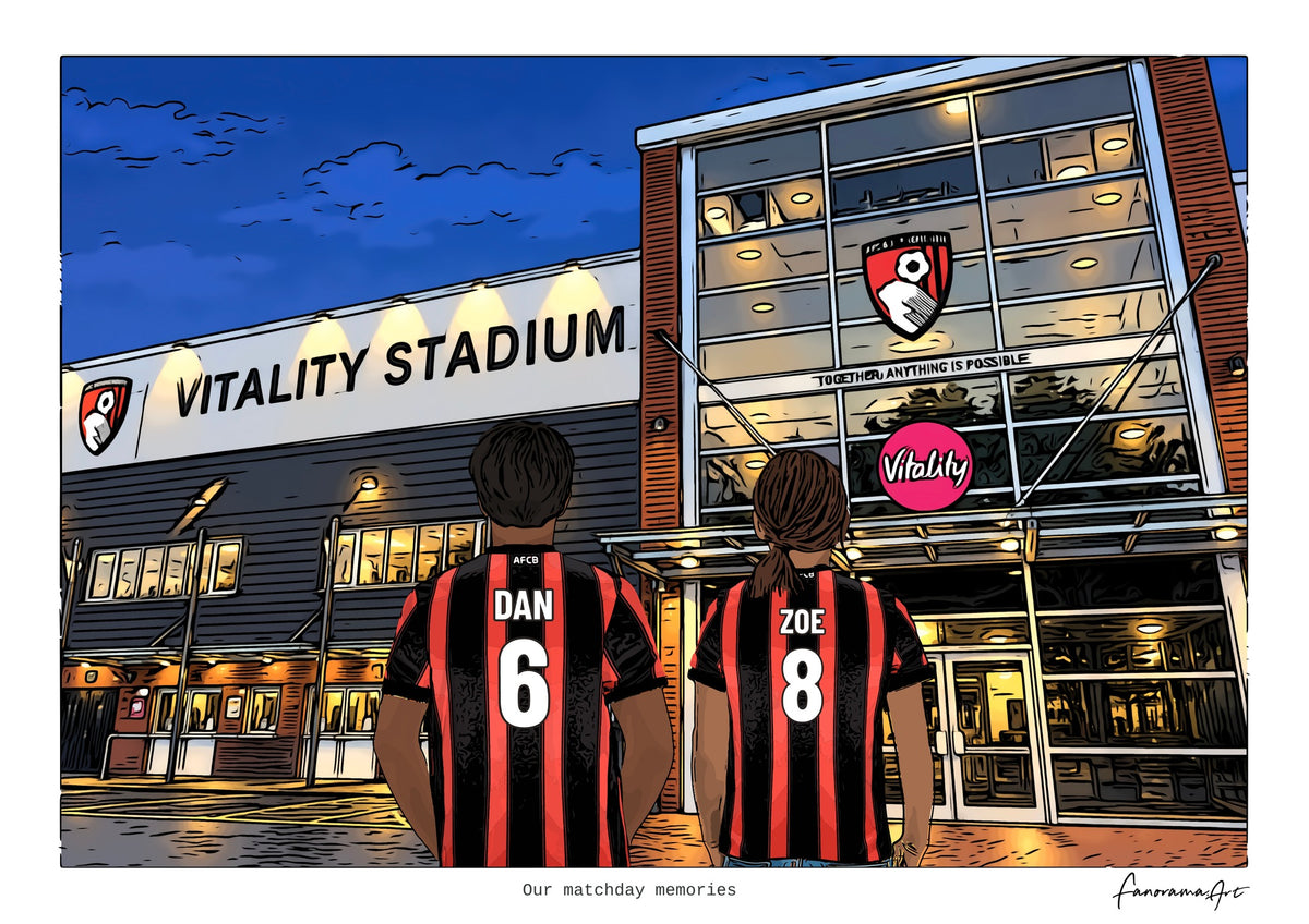 Personalised Bournemouth digital artwork with DAN, ZOE, stadium at night at Vitality Stadium.