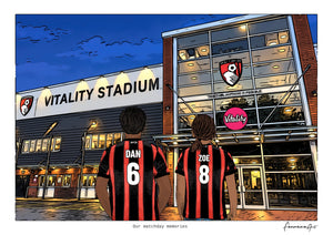 Personalised Bournemouth digital artwork with DAN, ZOE, stadium at night at Vitality Stadium.