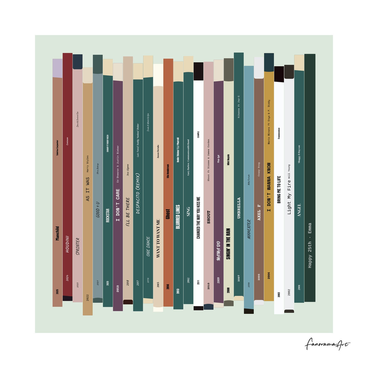 Personalised 25th birthday number one music print in square format, with colourful record spines, a sage background and a birthday message for Emma.