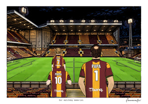 Personalised Bradford City digital artwork with MAMA, PAPA, pitch side at night at Valley Parade.