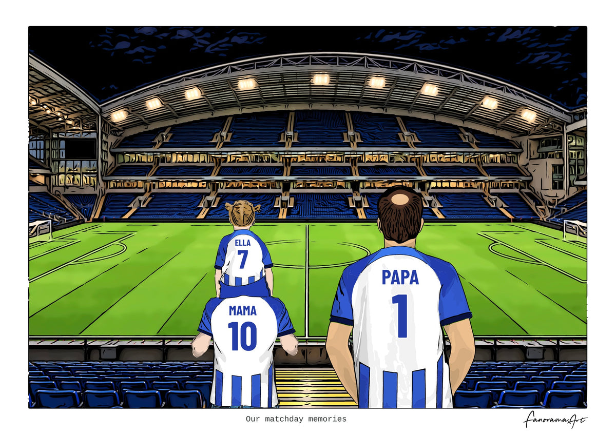 Personalised Brighton & Hove Albion digital artwork with MAMA, PAPA, pitch side at night at American Express Stadium.