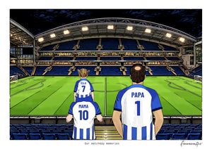 Personalised Brighton & Hove Albion digital artwork with MAMA, PAPA, pitch side at night at American Express Stadium.
