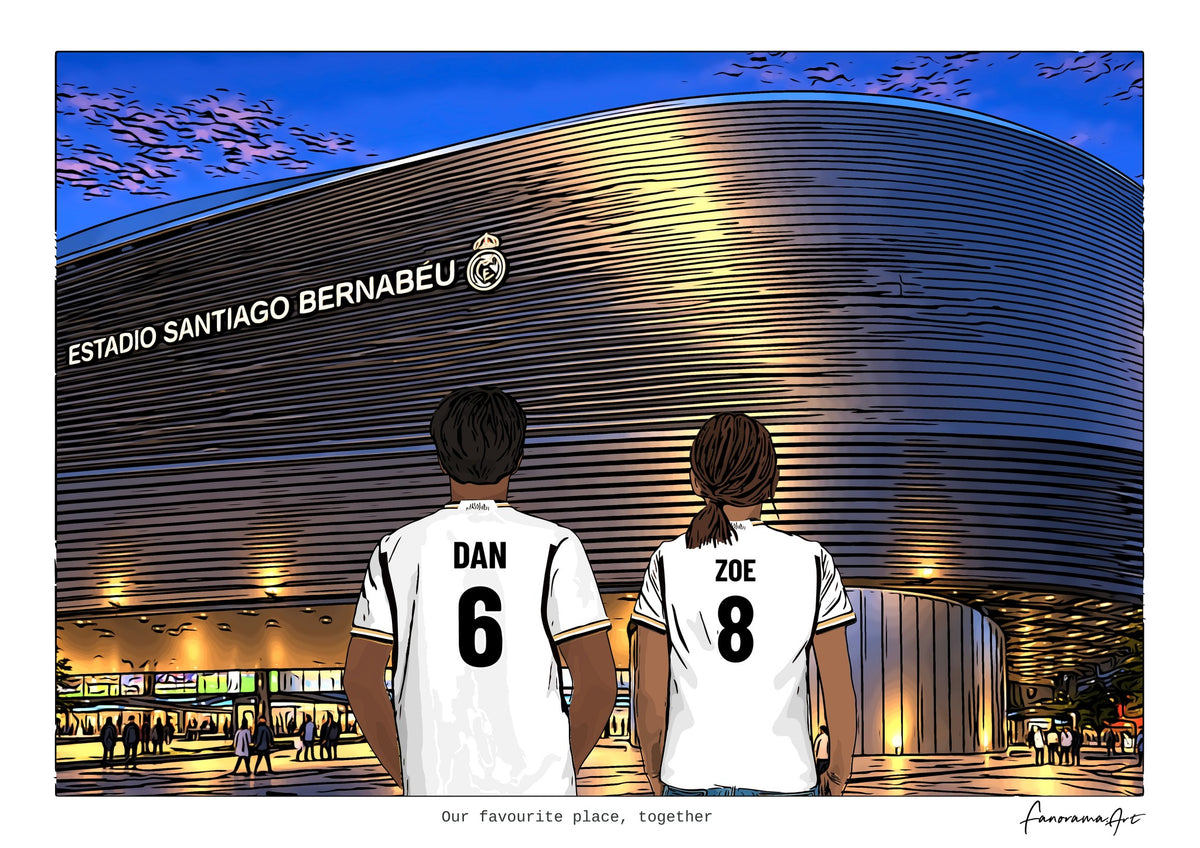 Personalised Real Madrid digital artwork with DAN, ZOE, stadium at night at Santiago Bernabéu Stadium.
