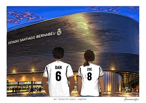 Personalised Real Madrid digital artwork with DAN, ZOE, stadium at night at Santiago Bernabéu Stadium.