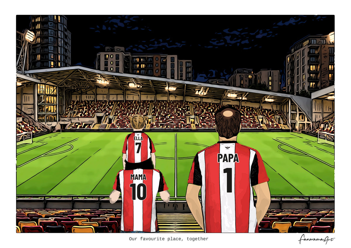 Personalised Brentford digital artwork with MAMA, PAPA, pitch side at night at Gtech Community Stadium.