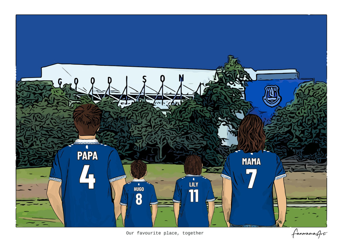Personalised Everton digital artwork with PAPA, HUGO, LILY, MAMA, everton goodison park at Goodison Park.