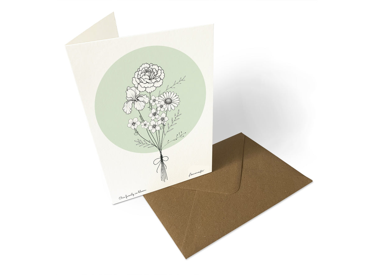 Family birth flower bouquet shown on a folded portrait greeting card
