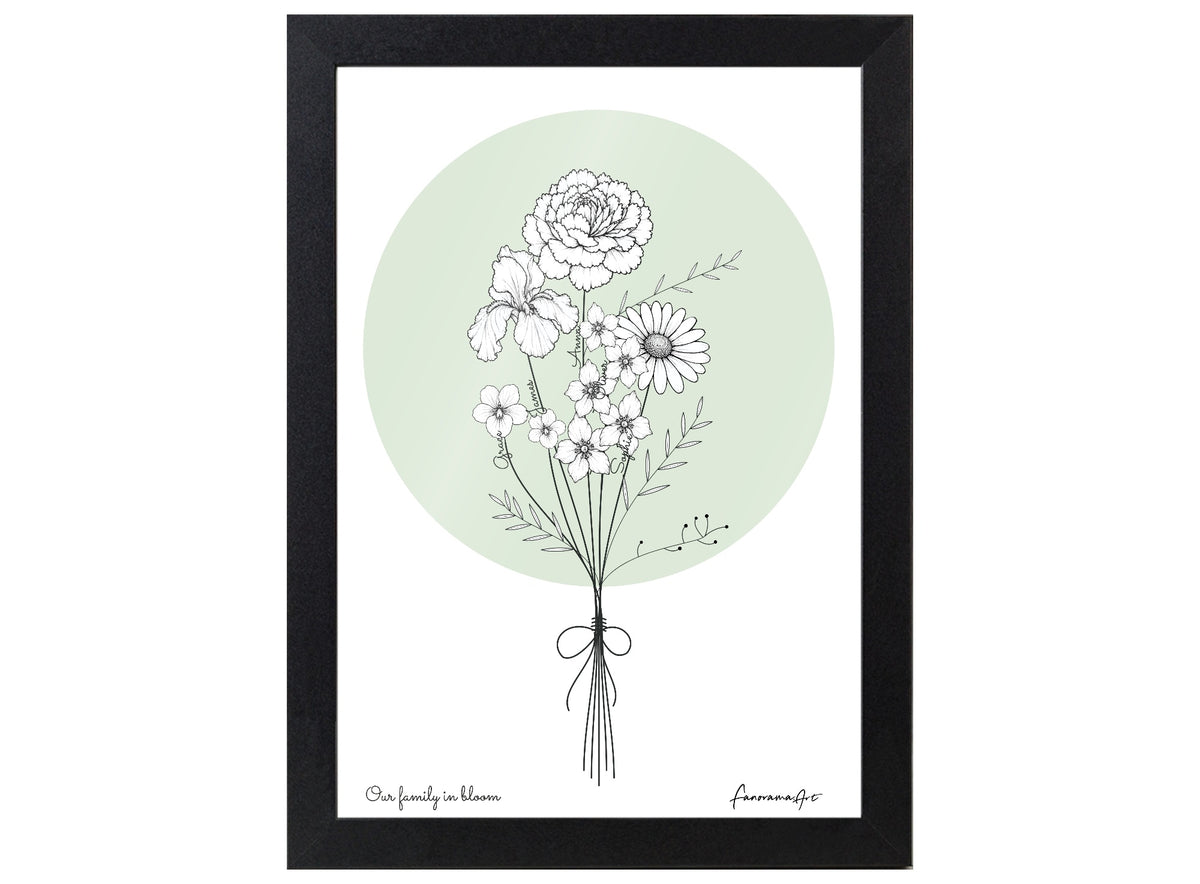 Family birth flower bouquet with a sage circle in an A4 black frame