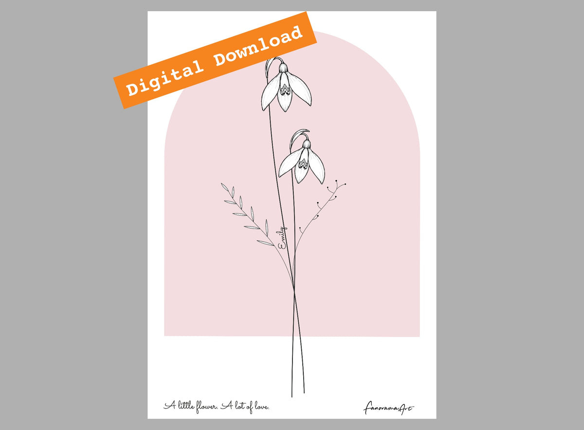 Personalised snowdrop artwork shown as an A4 digital download