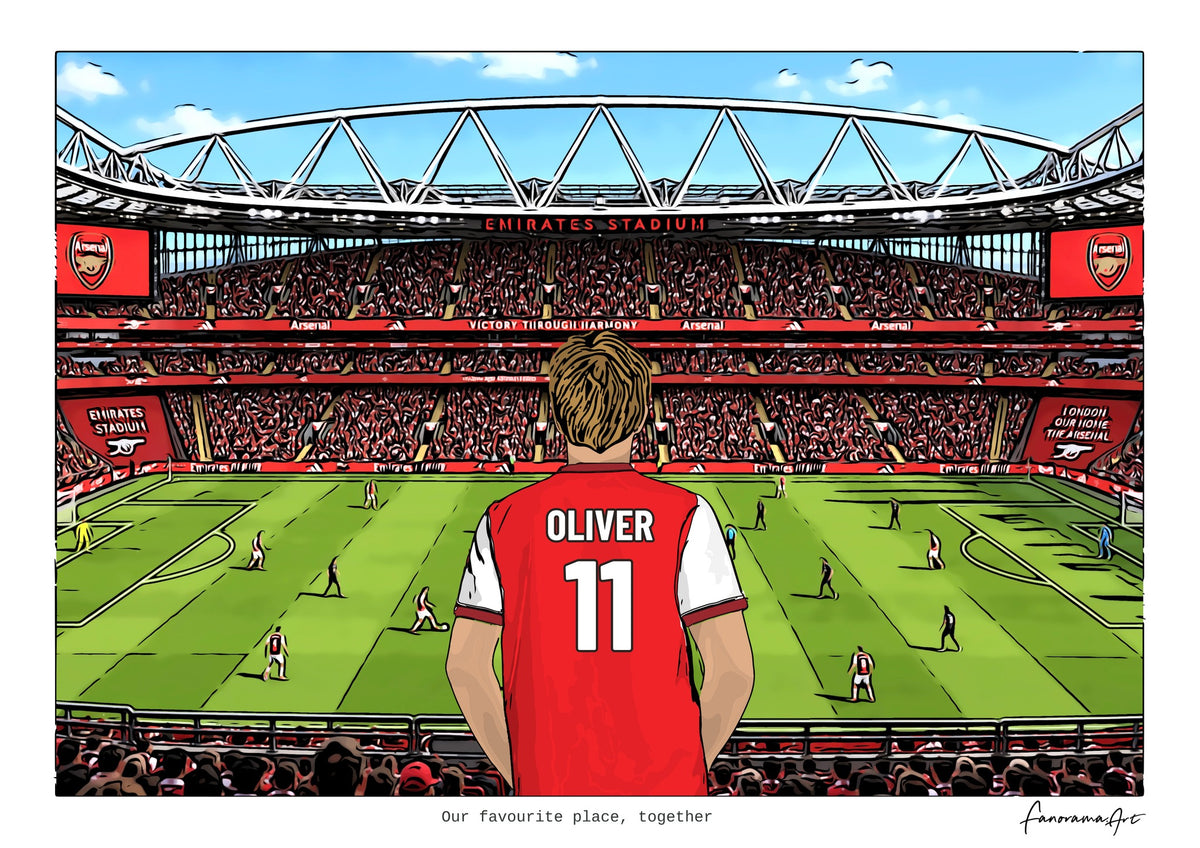 Arsenal digital artwork with Oliver 11 watching a match at the Emirates Stadium.