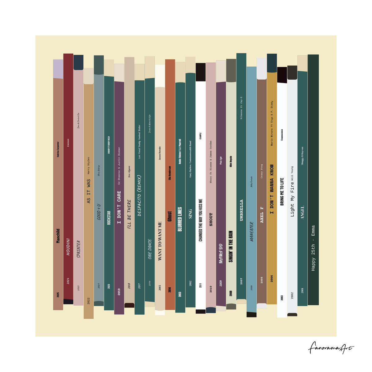 25th birthday number one music artwork for someone born in 2001, showing 25 years of UK birthday songs with titles, artists and a personal message.