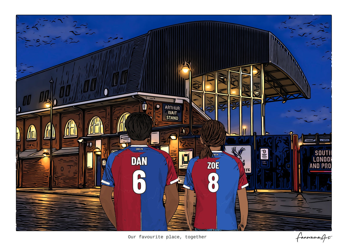 Personalised Crystal Palace digital artwork with DAN, ZOE, stadium at night at Selhurst Park.