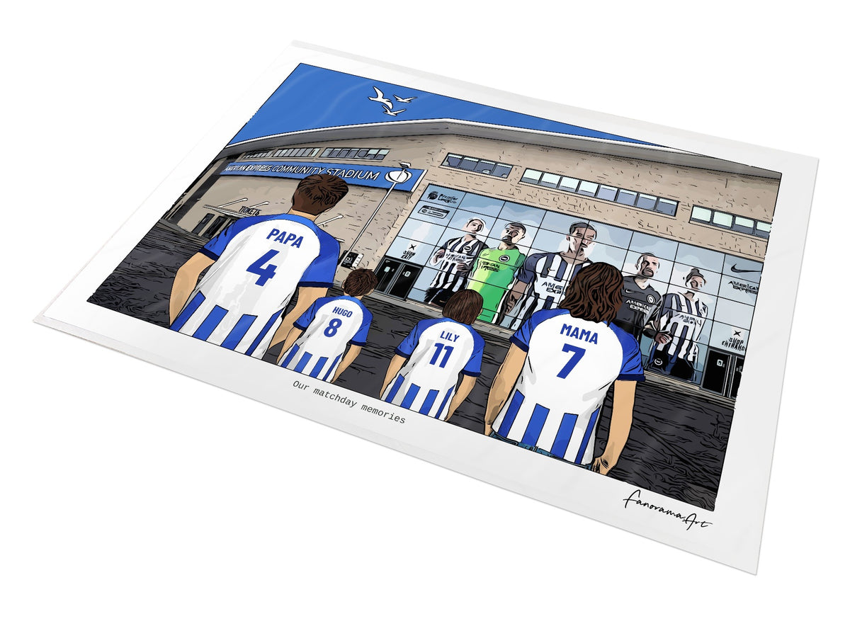 Personalised Brighton & Hove Albion print with PAPA, HUGO, LILY, MAMA, Print at American Express Stadium.